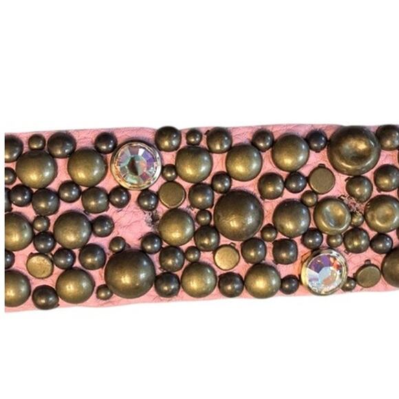 Vintage Pink Studded Leather Belt Rhinestones Gold Studs Glam Y2K Boho M/L - Picture 9 of 9